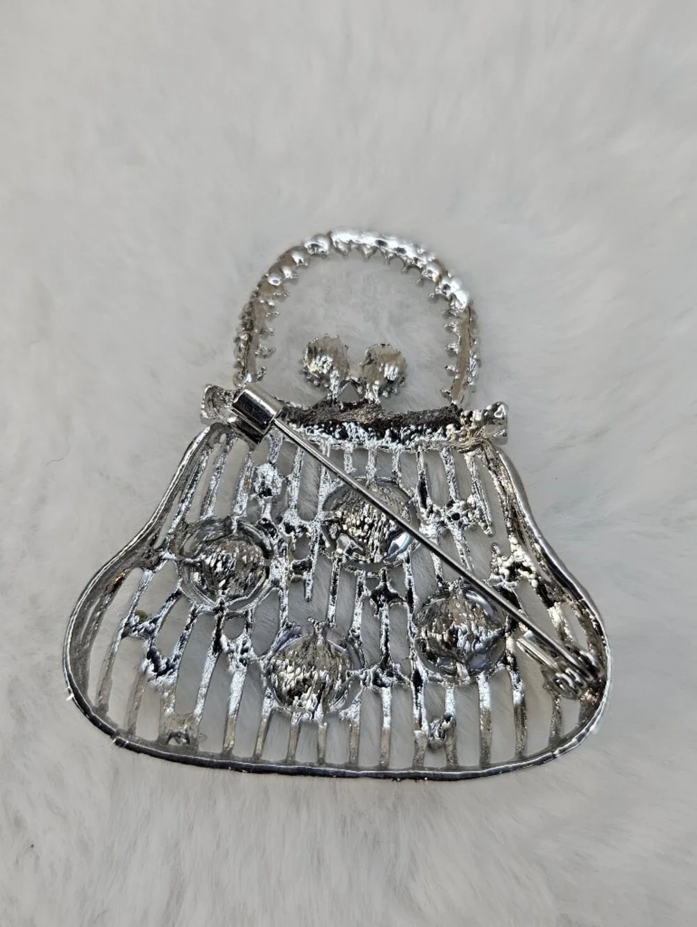 Rhinestone Silver Handbag Brooch – Iridescent Accent